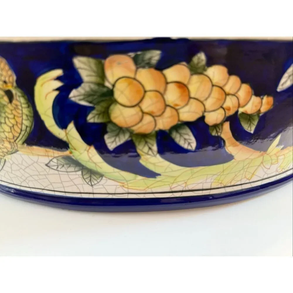 Exoticals Fitz & Floyd Veneto Large Tub Decorative Oval Basin Crackled Parrots